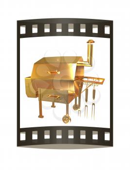 Gold BBQ Grill. 3d illustration. The film strip.