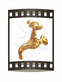 Gold water tap. 3d illustration. The film strip.