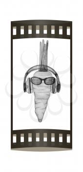 carrot with sun glass and headphones front face on a white background. 3D illustration. The film strip.