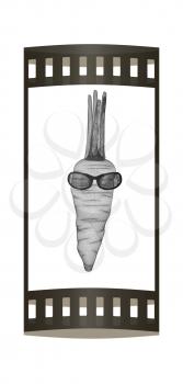 carrot with sun glass and headphones front face on a white background. 3D illustration. The film strip.
