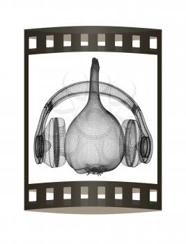 Head of garlic with headphones on a white background. 3D illustration. The film strip.