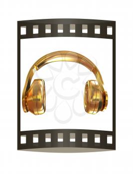 Gold headphones icon on a white background. 3D illustration. The film strip.