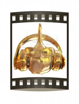 Gold Head of garlic with sun glass and headphones front face on a white background. 3D illustration.. The film strip.