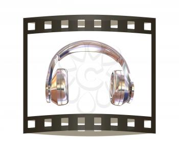 Chrome headphones icon on a white background. 3D illustration. The film strip.