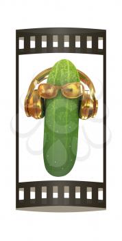 cucumber with sun glass and headphones front face on a white background. 3d illustration. The film strip.