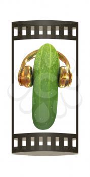 cucumber with headphones on a white background. 3d illustration. The film strip.