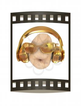 potato with sun glass and headphones front face on a white background. 3d illustration. The film strip.