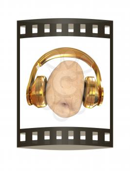 potato with headphones on a white background. 3d illustration. The film strip.