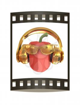Bell peppers with sun glass and headphones front face on a white background. 3d illustration. The film strip.