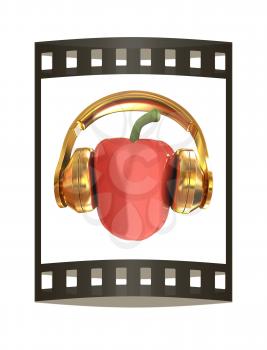 Bell peppers with headphones on a white background. 3d illustration. The film strip.