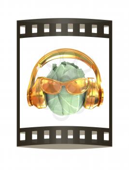 Green cabbage with sun glass and headphones front face on a white background. 3d illustration. The film strip.