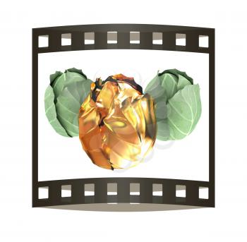 green cabbage and gold cabbage isolated on white background. 3d illustration. The film strip.