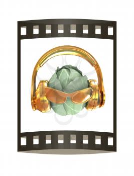 Green cabbage with sun glass and headphones front face on a white background. 3d illustration. The film strip.