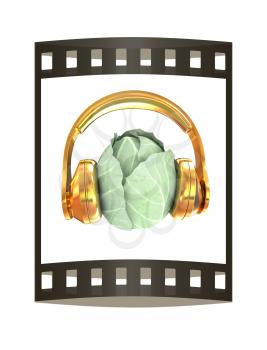 Green cabbage with headphones on a white background. 3d illustration. The film strip.