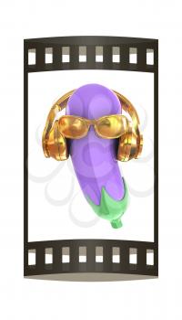 eggplant with sun glass and headphones front face on a white background. Eggplant for farm market, vegetarian salad recipe design. 3d illustration. The film strip.