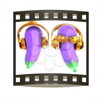 eggplant with sun glass and headphones front face on a white background. Eggplant for farm market, vegetarian salad recipe design. 3d illustration. The film strip.