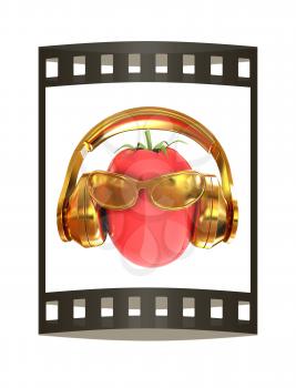 tomato with sun glass and headphones front face on a white background. 3D illustration. The film strip.