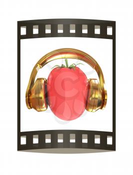 tomato with headphones. 3D illustration. The film strip.