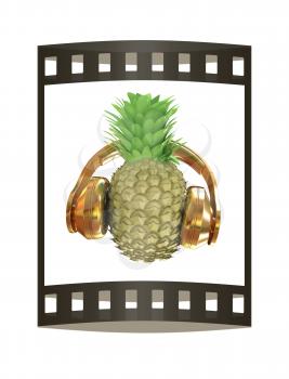Fashion gold pineapple with headphones listens to music. 3d illustration. The film strip.