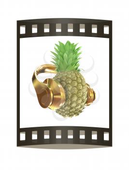 Fashion gold pineapple with headphones listens to music. 3d illustration. The film strip.