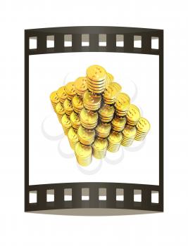 pyramid from the golden coins. 3d illustration. The film strip.