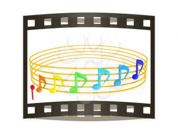 Various music notes on stave. Colorfull 3d. 3D illustration. The film strip.