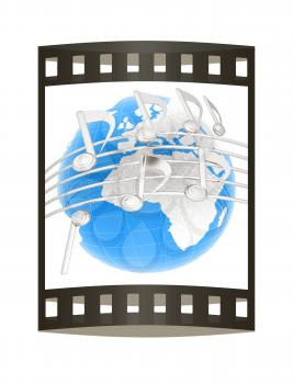 music notes  background. 3D illustration. The film strip.