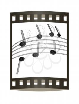 music notes  background. 3D illustration. The film strip.