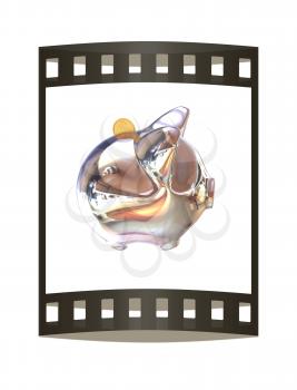 Piggy in Chrome Symbol for Financial Concepts. 3d illustration. The film strip.