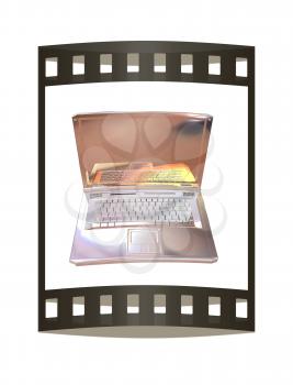 Chrome, metallic laptop isolated on white background. 3d illustration. The film strip.