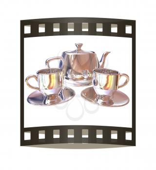 Chrome Teapot and mugs. 3d illustration. The film strip.