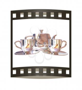Chrome Teapot and mugs. 3d illustration. The film strip.