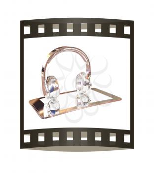 Smartphone with headphones. Chrome icon. 3d illustration. The film strip.