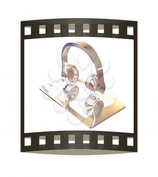 Smartphone with headphones. Chrome icon. 3d illustration. The film strip.