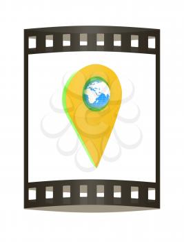 Realistic 3d pointer of map with Earth. Global concept. 3d illustration. The film strip.