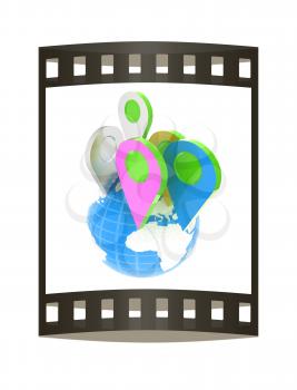 Planet Earth and map pins icon. Earth globe and colorful map labels. Modern graphic elements for web banners, websites, printed materials, infographics. 3d illustration.. The film strip.