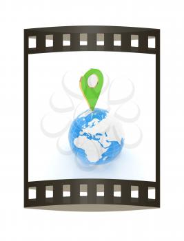 Planet Earth and map pins icon. 3d illustration.. The film strip.