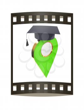 Geo pin with graduation hat on white. School sign, geolocation and navigation. 3d illustration. The film strip.