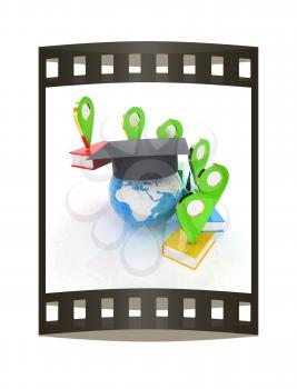 Books around the Earth and pointer. Education and navigation concept. 3d render. The film strip.