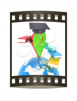 Pointer of education in graduation hat with books around and Earth. 3d illustration. The film strip.