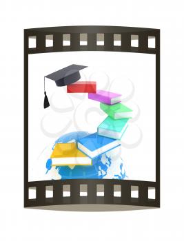 Earth of education with books around and graduation hat. Global Education. 3d illustration. The film strip.