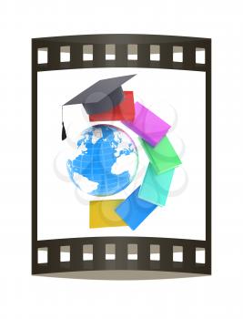 Earth of education with books around and graduation hat. Global Education. 3d illustration. The film strip.