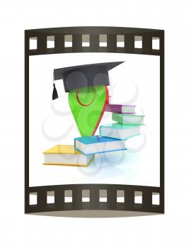 Pointer of education in graduation hat with books around. 3d illustration. The film strip.