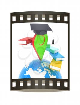 Pointer of education in graduation hat with books around and Earth. 3d illustration. The film strip.