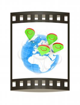 Planet Earth and map pins icon. Earth globe and colorful map labels. Modern graphic elements for web banners, websites, printed materials, infographics. 3d illustration.. The film strip.