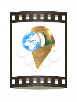 Planet Earth and golden map pins icon on Earth. 3d illustration.. The film strip.