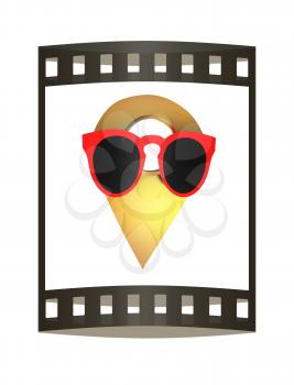 Glamour map pointer in sunglasses. 3d illustration. The film strip.