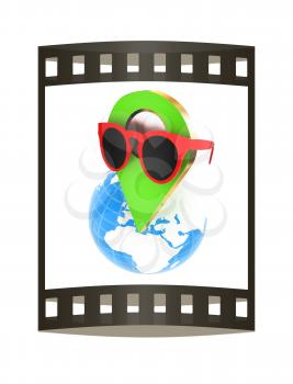 Glamour map pointer in sunglasses on Earth. 3d illustration. The film strip.