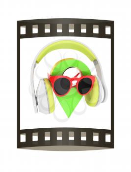 Glamour map pointer in sunglasses and headphones. 3d illustration. The film strip.