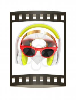 Glamour map pointer in sunglasses and headphones. 3d illustration. The film strip.